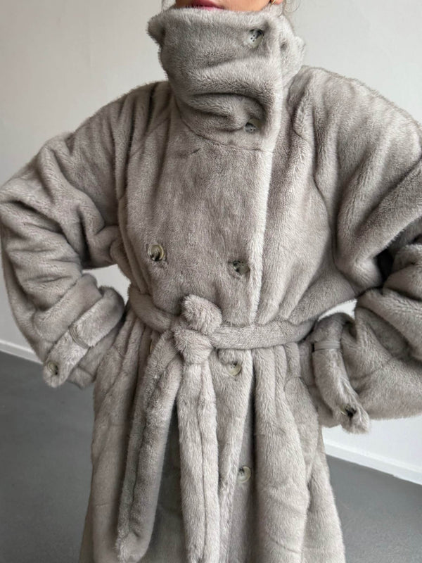 Cozy gray MEOTINE coat with a high collar and double-breasted buttons, featuring a belted waist and oversized sleeves.