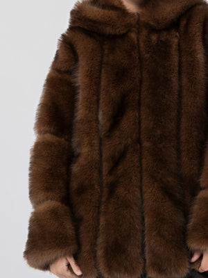 Luxurious brown faux fur coat with a hood, featuring a soft texture and stylish design, perfect for winter by MEOTINE.