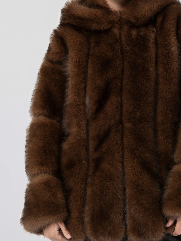 Luxurious brown faux fur coat with a hood, featuring a soft texture and stylish design, perfect for winter by MEOTINE.