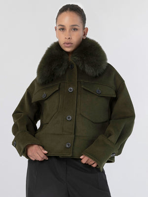 Stylish olive green jacket with a luxurious fur collar, featuring button closures and front pockets, by MEOTINE.