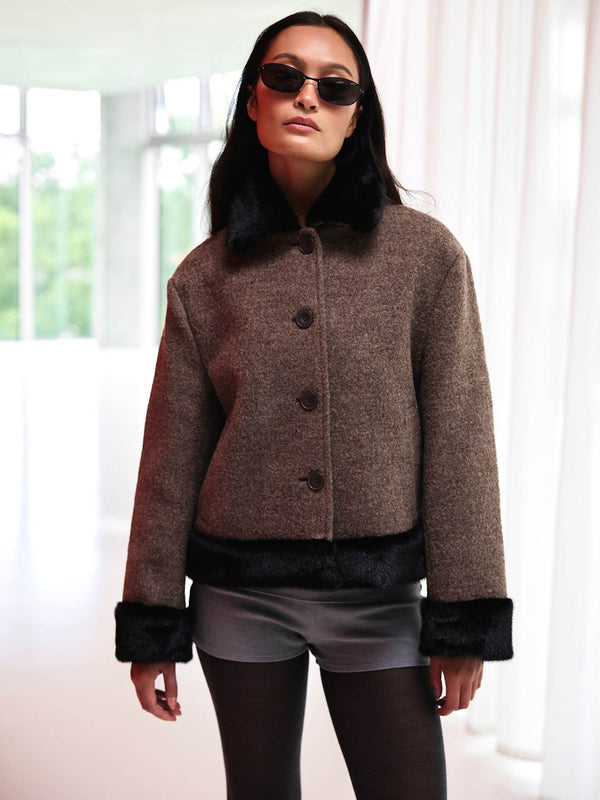 Chic model wearing a brown wool jacket with faux fur trim and sunglasses, showcasing MEOTINE's stylish winter collection.