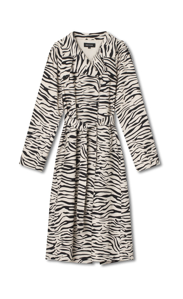Stylish zebra print trench coat with a belted waist, perfect for a chic look. Designed by MEOTINE for a trendy wardrobe.