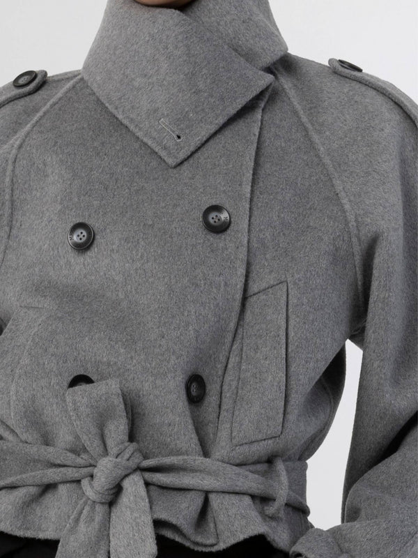 Stylish gray double-breasted coat with a high collar and tie waist, perfect for a chic look by MEOTINE.