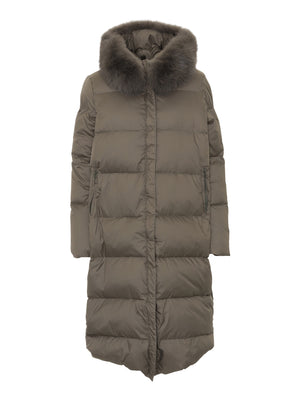 Stylish long puffer coat in olive green with a luxurious fur-trimmed hood, perfect for winter warmth by MEOTINE.