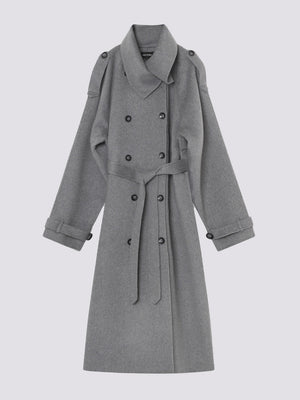 Stylish gray trench coat with a belted waist and button details, perfect for a chic look by MEOTINE.