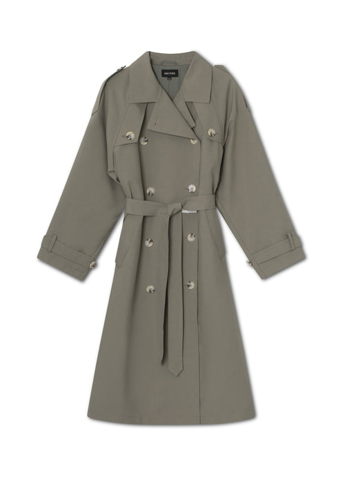 Stylish khaki trench coat with a belted waist and button details, perfect for a chic look by MEOTINE.
