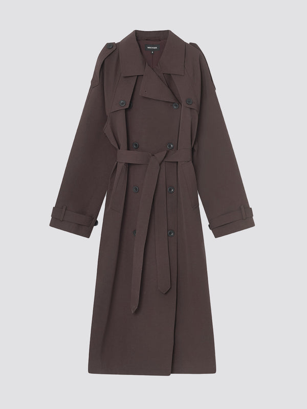 Stylish brown trench coat with a belted waist and button details, perfect for a chic look by MEOTINE.