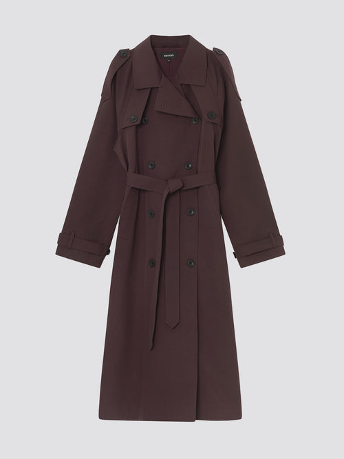 Stylish burgundy trench coat with a belted waist and double-breasted buttons, perfect for a chic look by MEOTINE.