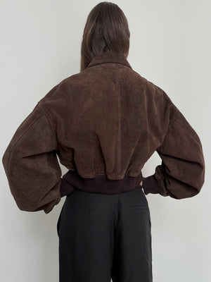 Brown cropped jacket with voluminous sleeves, showcasing a stylish and cozy design by MEOTINE, perfect for layering.