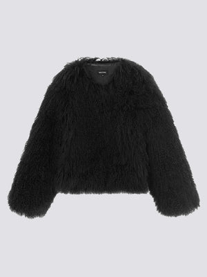 Cozy black faux fur jacket with a relaxed fit and long sleeves, perfect for stylish layering. From MEOTINE.