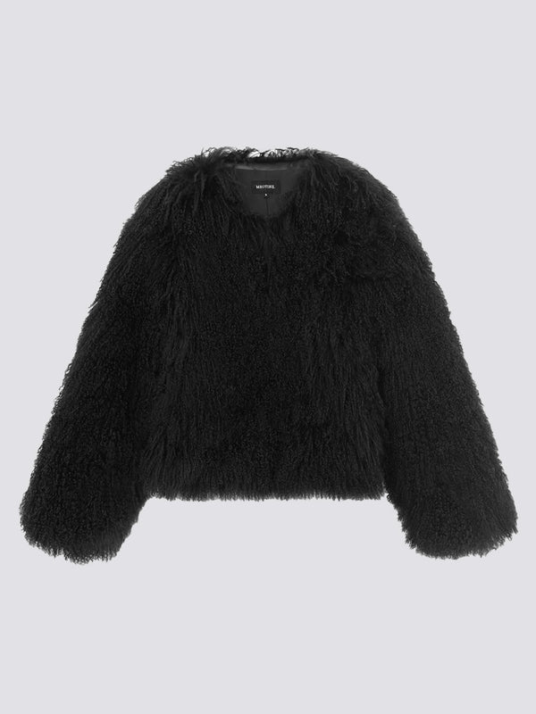 Cozy black faux fur jacket with a relaxed fit and long sleeves, perfect for stylish layering. From MEOTINE.