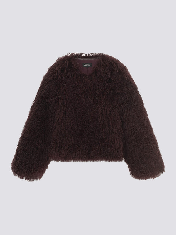 Cozy, dark burgundy faux fur jacket with a relaxed fit and long sleeves, perfect for stylish warmth by MEOTINE.