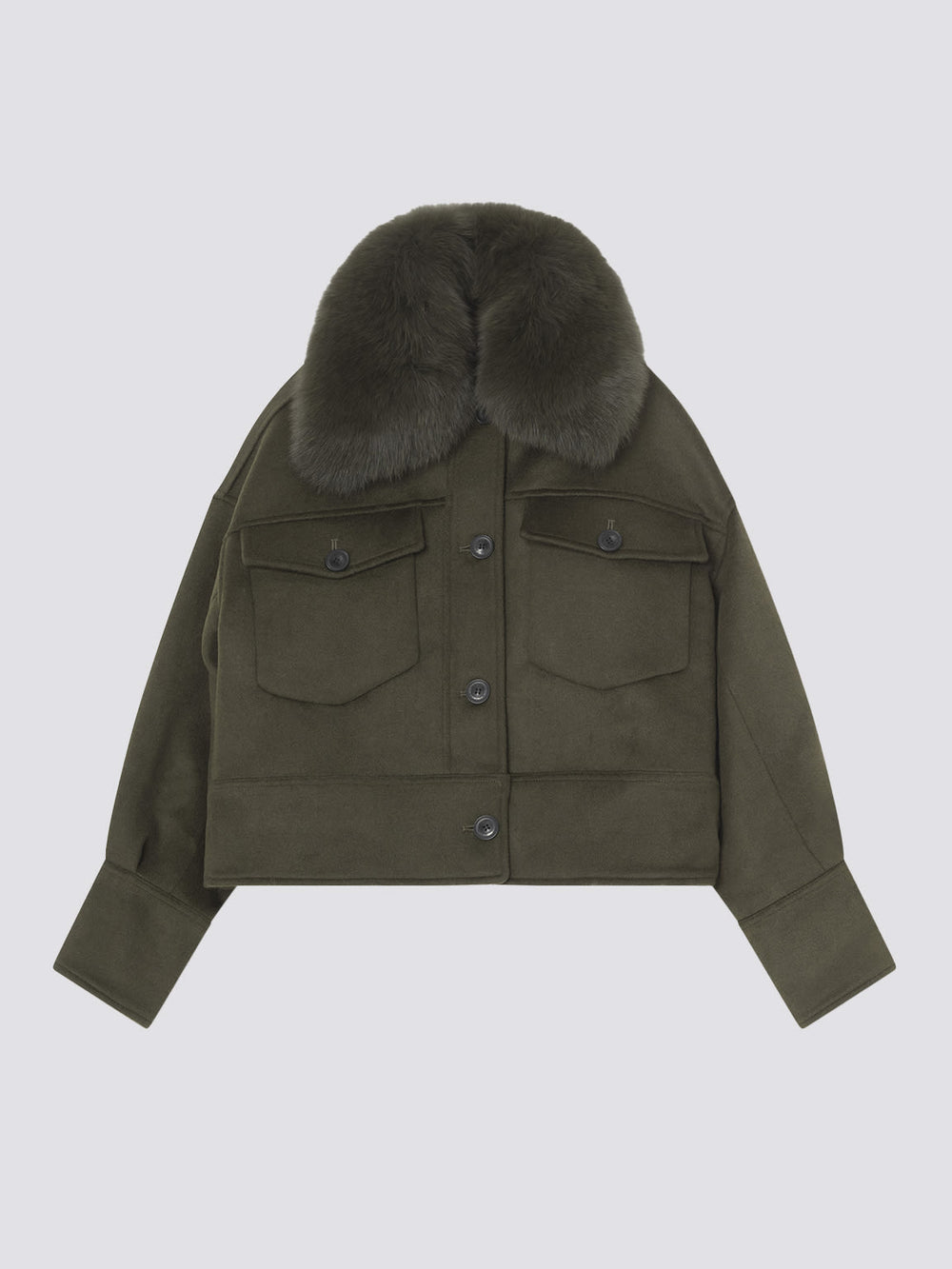 Stylish olive green cropped jacket with a plush fur collar and front pockets, perfect for a chic winter look by MEOTINE.