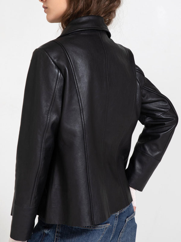 Stylish black leather jacket with a tailored fit, featuring a sleek collar and elegant back design, by MEOTINE.