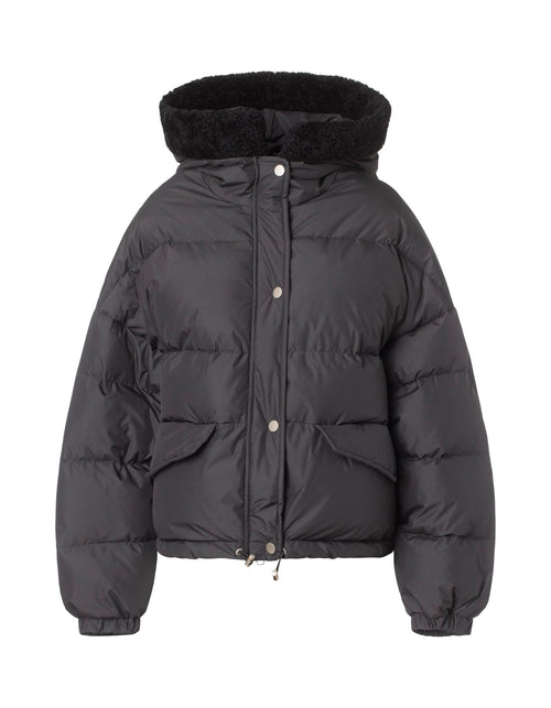 Stylish black puffer jacket with a cozy fur-lined hood, perfect for winter wear. Features a cropped design by MEOTINE.
