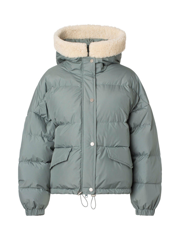 Cozy green puffer jacket with a fluffy cream hood and collar, featuring a zip closure and side pockets, by MEOTINE.