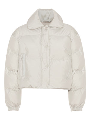 Stylish cropped puffer jacket in light beige with a classic collar and button closure, perfect for a trendy winter look by MEOTINE.