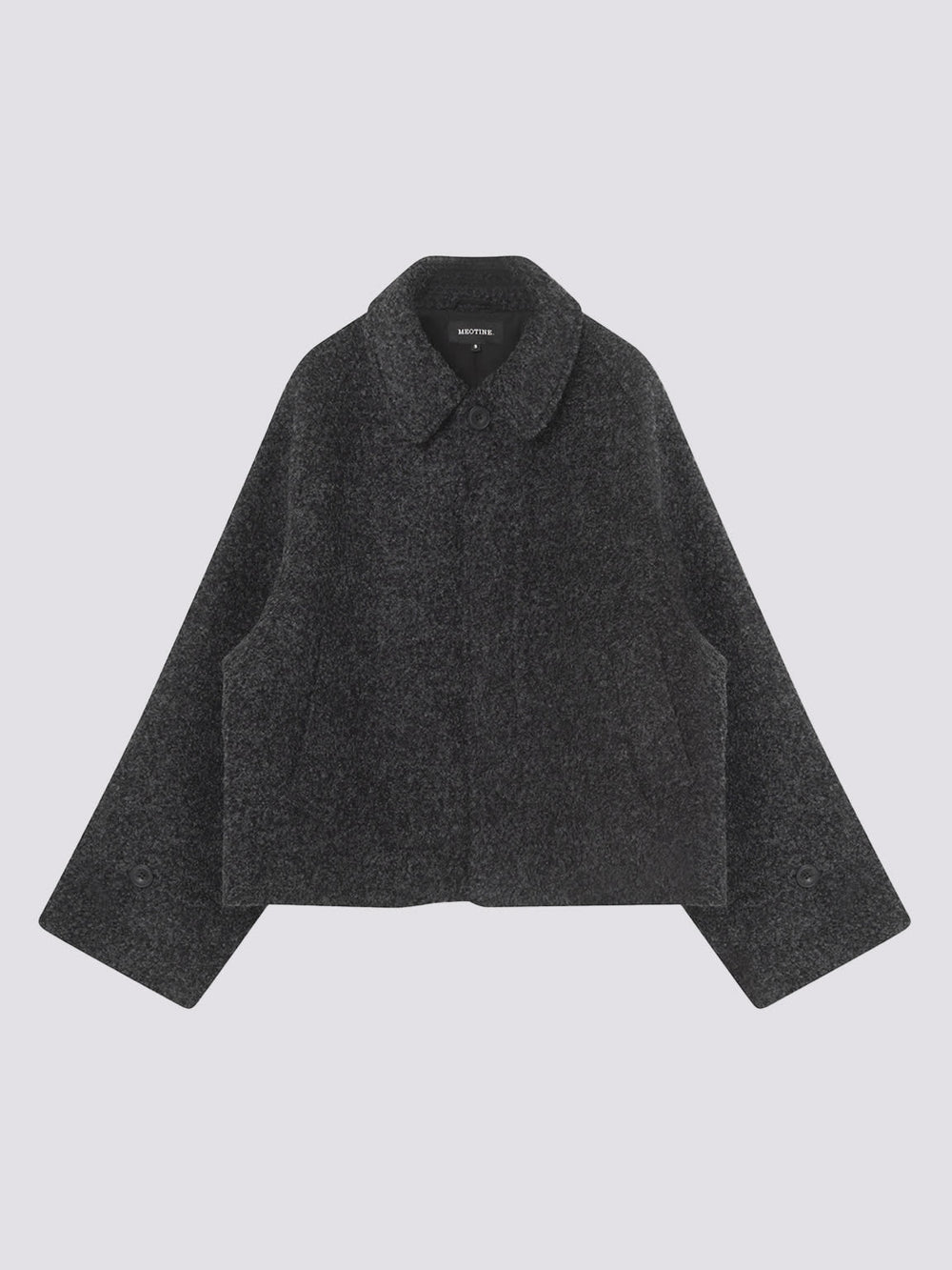 Stylish dark gray cropped jacket with a classic collar and wide sleeves, perfect for a chic, modern look by MEOTINE.