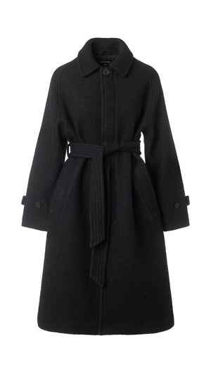 A stylish black coat with a belted waist and button closure, featuring a classic collar and side pockets, by MEOTINE.