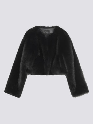 Stylish black cropped faux fur jacket by MEOTINE, featuring long sleeves and a soft, luxurious texture. Perfect for layering.
