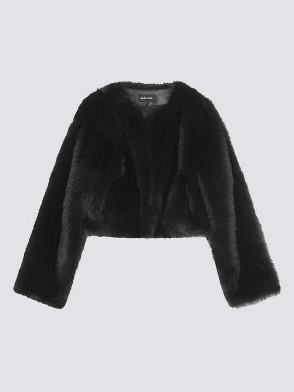 Stylish black cropped faux fur jacket by MEOTINE, featuring long sleeves and a soft, luxurious texture. Perfect for layering.