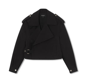 Stylish black cropped jacket featuring a double-breasted design and shoulder epaulets, perfect for a chic look by MEOTINE.