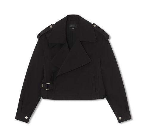 Stylish black cropped jacket featuring a double-breasted design and shoulder epaulets, perfect for a chic look by MEOTINE.