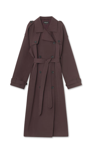 Stylish brown trench coat with a belted waist and double-breasted buttons, perfect for a chic look by MEOTINE.