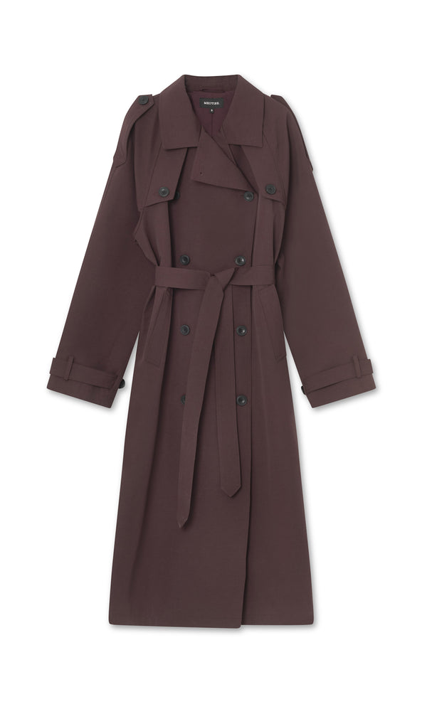 Stylish brown trench coat with a belted waist and double-breasted buttons, perfect for a chic look by MEOTINE.