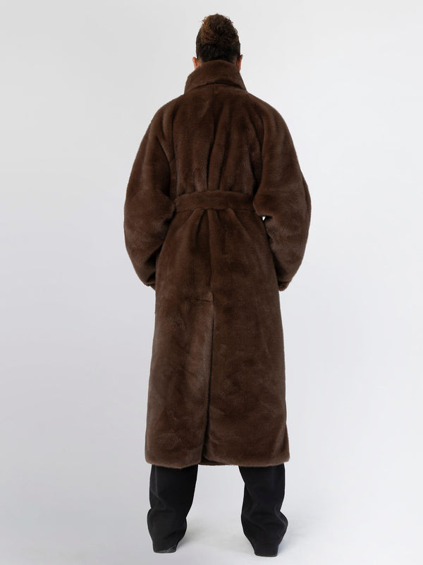 Cozy brown faux fur robe with a belted waist, featuring a high collar and oversized sleeves, perfect for lounging. MEOTINE.
