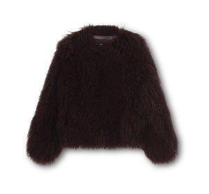 Cozy, dark burgundy fluffy sweater with long sleeves, perfect for layering. Ideal for a stylish, warm look by MEOTINE.