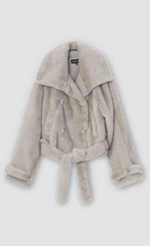 Cozy light gray faux fur jacket with a double-breasted design and a tie belt, perfect for stylish warmth by MEOTINE.