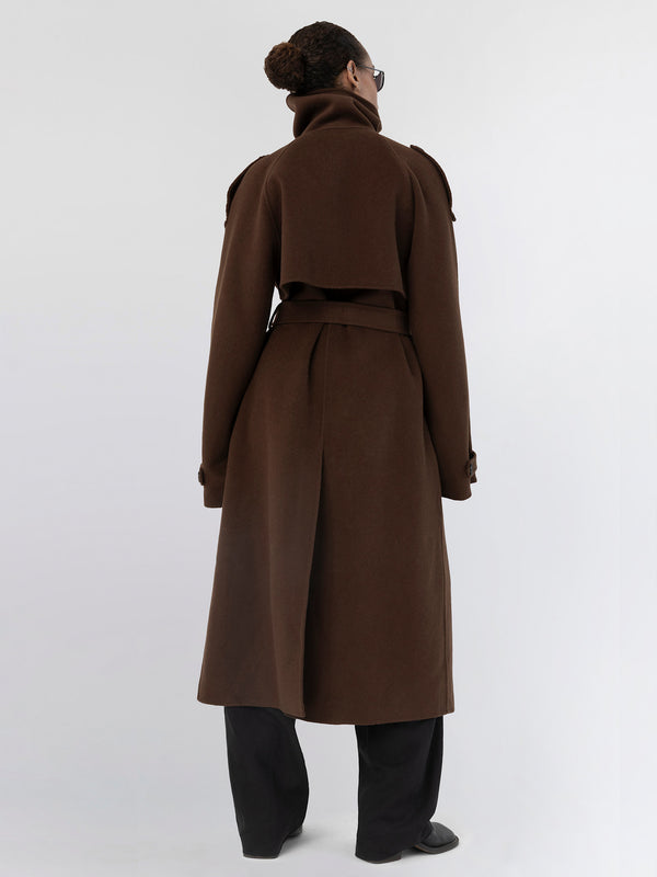 Elegant brown trench coat with a high collar and belted waist, showcasing a stylish back view. Perfect for a chic look by MEOTINE.