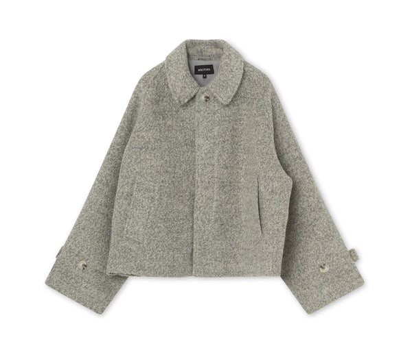 Gray wool blend jacket with a relaxed fit and large pockets, featuring a classic collar. Perfect for stylish layering by MEOTINE.