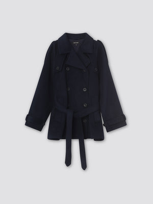 Navy blue double-breasted coat with a belt, featuring a classic design and stylish silhouette, perfect for any occasion by MEOTINE.