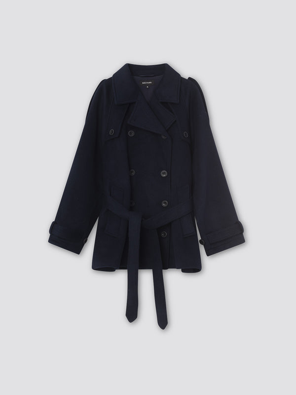 Navy blue double-breasted coat with a belt, featuring a classic design and stylish silhouette, perfect for any occasion by MEOTINE.