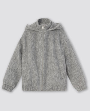 Cozy gray hoodie jacket with a soft texture and front pockets, perfect for casual wear. Designed by MEOTINE.