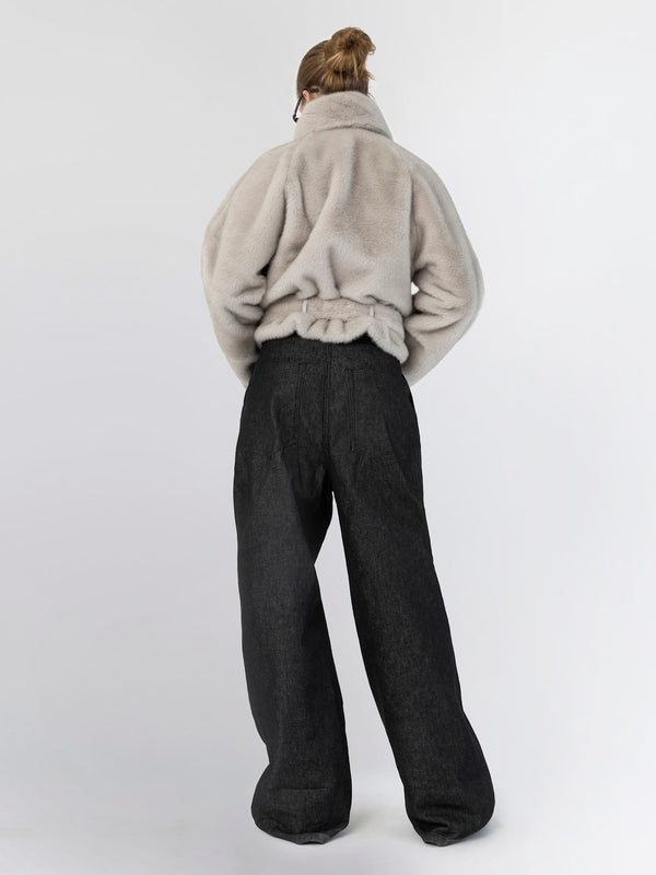 Cozy MEOTINE oversized fleece jacket paired with high-waisted black wide-leg pants, showcasing a stylish back view.