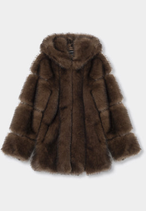 Luxurious brown faux fur coat with a hood and plush texture, perfect for stylish warmth. Designed by MEOTINE.
