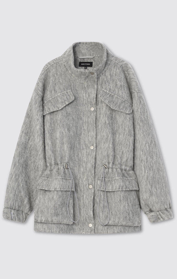 Cozy gray jacket with a relaxed fit, featuring front pockets and a drawstring waist, perfect for casual outings. MEOTINE.