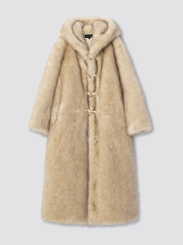 Luxurious beige faux fur coat with a hood and toggle closure, perfect for stylish warmth. Ideal for winter outings by MEOTINE.
