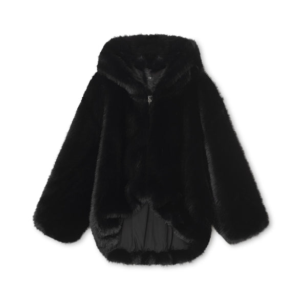 Cozy black faux fur jacket with a hood, featuring a soft texture and relaxed fit, perfect for stylish warmth by MEOTINE.