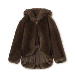 Cozy brown faux fur jacket with a hood, featuring a soft lining and a stylish design, perfect for chilly days. MEOTINE.