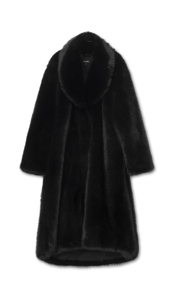 Luxurious black faux fur coat with a wide collar, perfect for stylish warmth. Ideal for winter outings by MEOTINE.