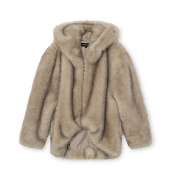 Cozy beige faux fur jacket with a hood and zip closure, perfect for stylish warmth. Ideal for chilly days by MEOTINE.