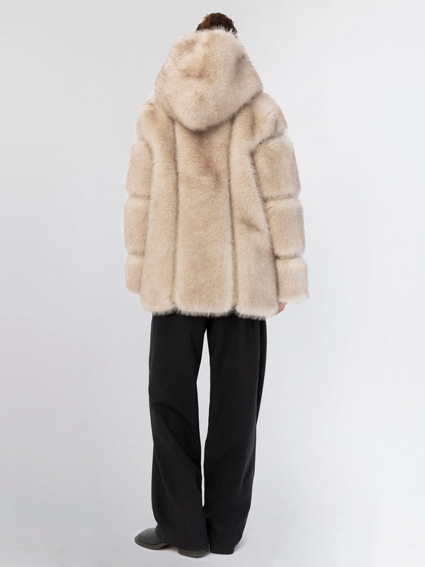 Luxurious beige faux fur coat with a hood, featuring a stylish oversized fit, perfect for winter warmth by MEOTINE.