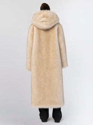 A cozy, cream-colored long coat with a plush hood, perfect for winter, showcasing MEOTINE's luxurious style.