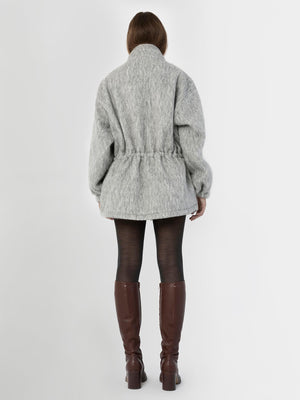 Cozy gray oversized jacket with a cinched waist, perfect for layering, designed by MEOTINE. Ideal for stylish winter outfits.