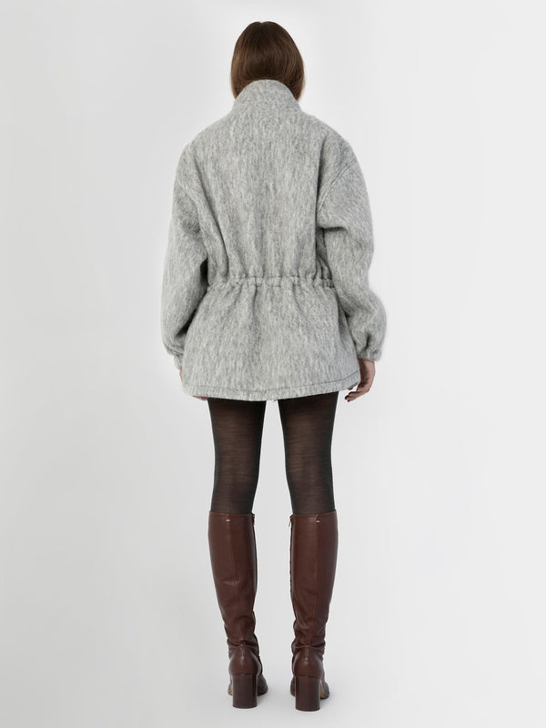 Cozy gray oversized jacket with a cinched waist, perfect for layering, designed by MEOTINE. Ideal for stylish winter outfits.