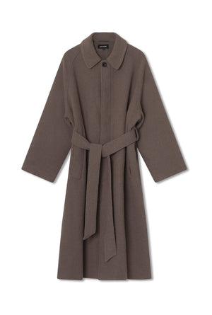 A stylish brown coat with a belted waist and wide sleeves, perfect for layering, by MEOTINE.